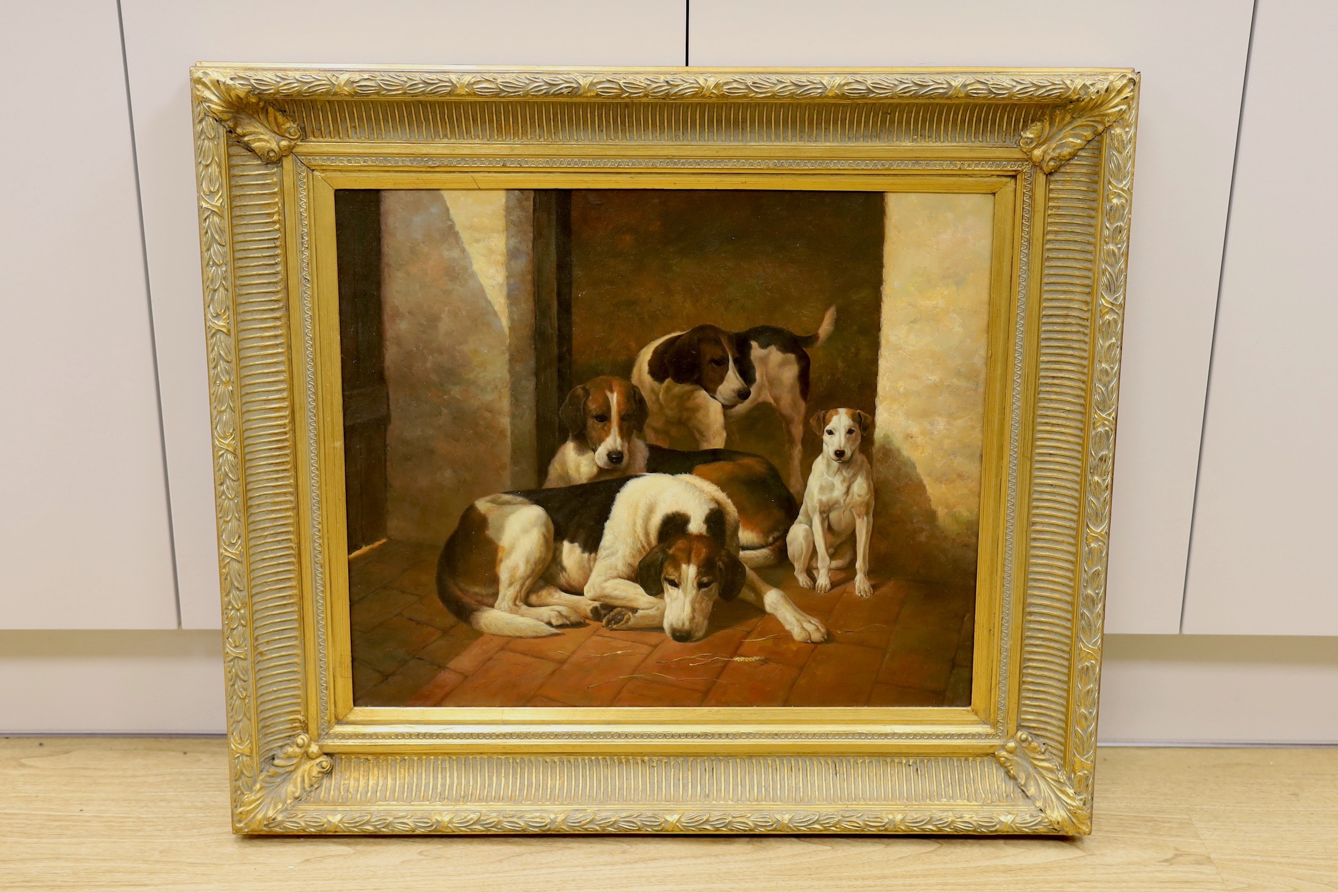 Follower of John Emms (1843-1912), oil on canvas, Kennel interior with hounds and terrier, 50 x 60cm